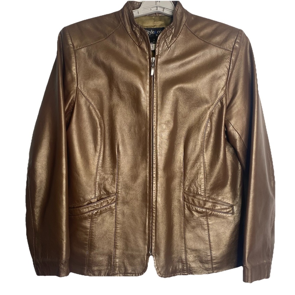 Style & Co.Petite Genuine Metallic Leather Jacket  Womens‎ L Antique Gold Lined